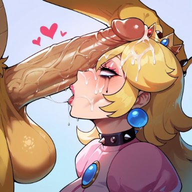 mario (series), nintendo, bowser, princess peach, cecil (artist), 1boy, 1girls, absurdly large cock, after fellatio, after sex, balls, big balls, blonde hair, choker, clothed female nude male