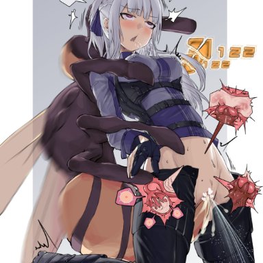 girls' frontline, ak-12 (girls' frontline), erkisa, 1girls, arms behind back, big breasts, black legwear, black thighhighs, blush, boots, clothed sex, clothing, cross section, cum, cum in fallopian tubes