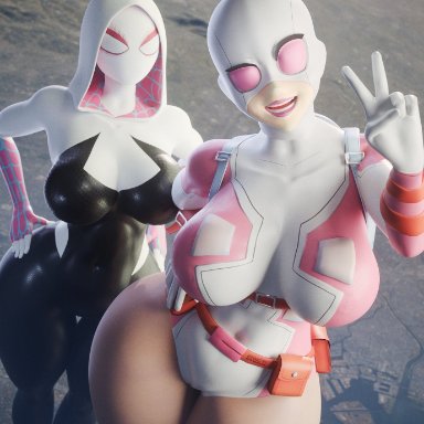 gwenpool (series), marvel, marvel comics, spider-man (series), gwen poole, gwen stacy, gwenpool, spider-gwen, wotm8h8, 2females, 2girls, antiheroine, big breasts, breasts, city