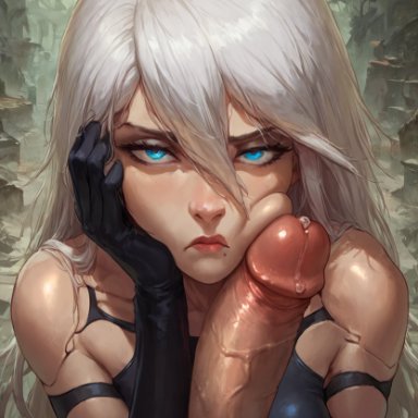 nier: automata, yorha a2, philon, 1boy, 1girls, android, annoyed, bare shoulders, black gloves, blue eyes, bored, breasts, closed mouth, elbow gloves, erection