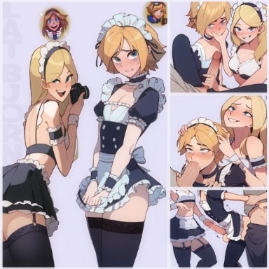 league of legends, ezreal, luxanna crownguard, latbjorn ai, :d, 1femboy, 1girls, 2boys, anal, apron, ass, bisexual, black clothes, black dress, black legwear