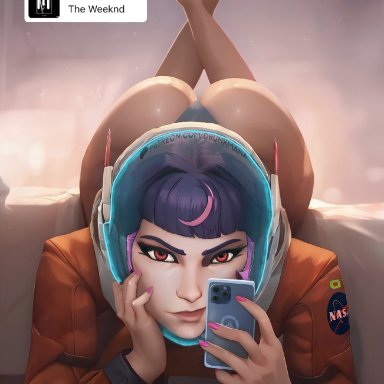 booty calls, instagram, iphone, overwatch, patreon, snapchat, juno (overwatch), drunkmana, 1girls, ass, ass focus, ass up, astronauts, barefoot, bed sheet