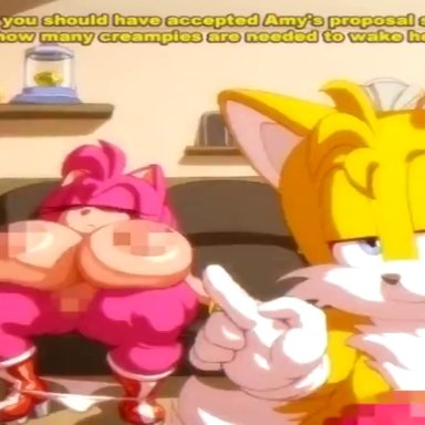 nintendo, sonic (series), sonic the hedgehog (series), amy rose, tails the fox, angelauxes, 1boy, 1girls, areolae, ass, balls, big ass, big breasts, big butt, breasts