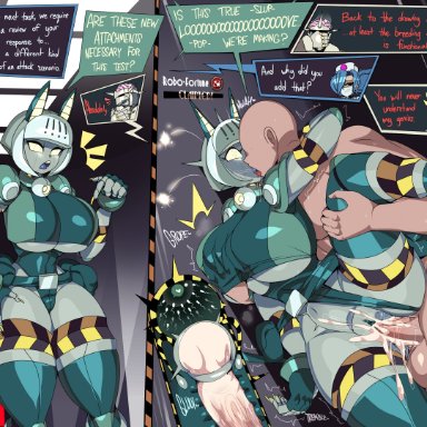 skullgirls, background characters, robo-fortune, valentine (skullgirls), captain kirb, 1boy, 1girls, balls, big breasts, bottomwear, bottomwear aside, breast grab, breasts, busty, clothed female nude male