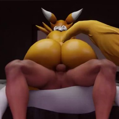 digimon, renamon, oatmealpecheneg, anthro, big ass, black sclera, blue eyes, cowgirl position, cum, cum in pussy, cum inside, furry, vaginal penetration, yellow fur, 3d