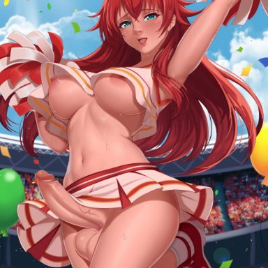 high school dxd, rias gremory, exlic, 1futa, balls, big breasts, big penis, blush, bottomless, breasts, casual, casual erection, casual exposure, casual nudity, cheerleader