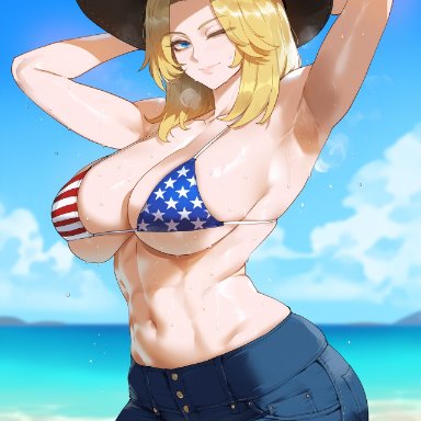 dead or alive, tina armstrong, creamy ai, thiccwithaq (ai style), arms behind head, beach, blonde hair, cowboy hat, curvy, flag print, huge ass, huge breasts, jeans, muscular, smiling